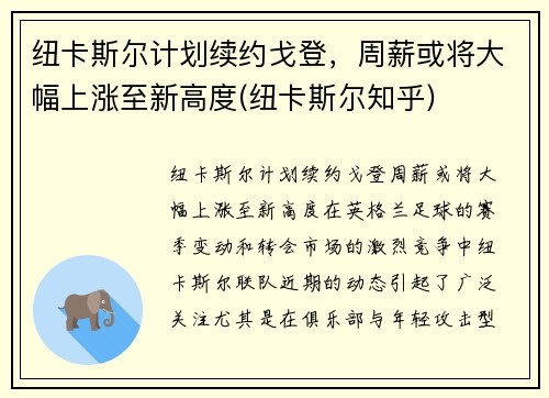 纽卡斯尔计划续约戈登，周薪或将大幅上涨至新高度(纽卡斯尔知乎)