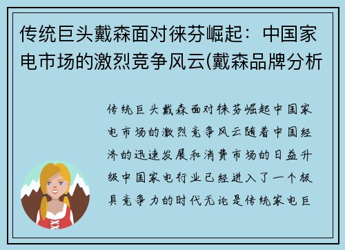 传统巨头戴森面对徕芬崛起：中国家电市场的激烈竞争风云(戴森品牌分析)